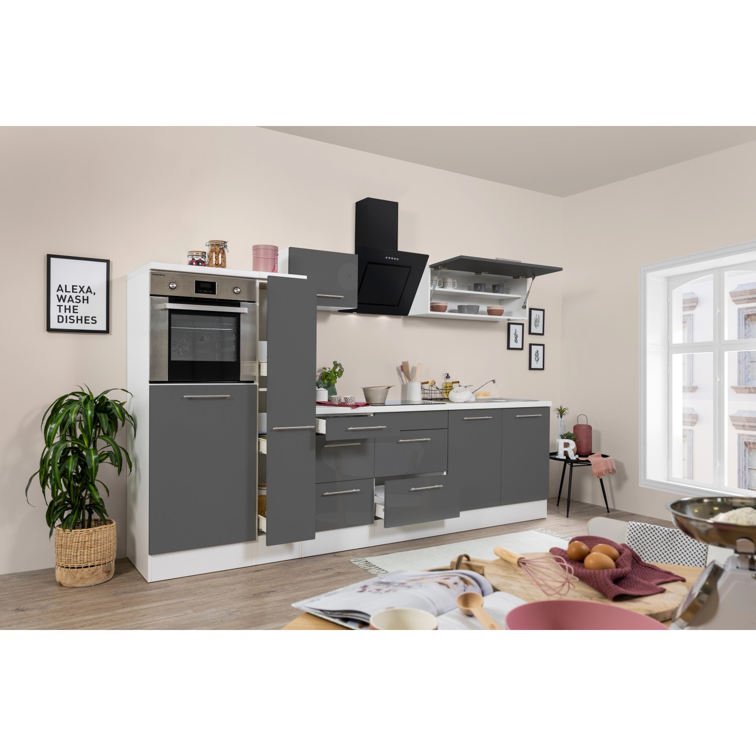 Respekta Kuchyně Amanda šedá/bílá 300 cm-trouba, skl.deska, šik.dig., lednice