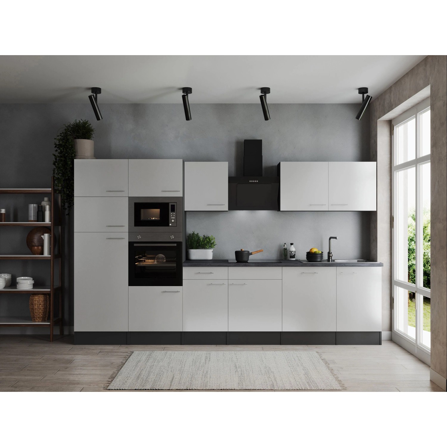 Respekta Kuchyně Oliver bílá/žula 340 cm-trouba/skl.deska/dig./myčka/led./mik.