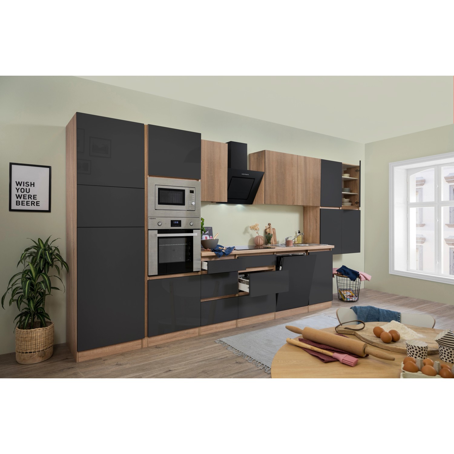 Respekta Kuchyně Lorena šedá/dub 445 cm-trouba/skl.d.(2)/dig./myčka(2)/led./mik.
