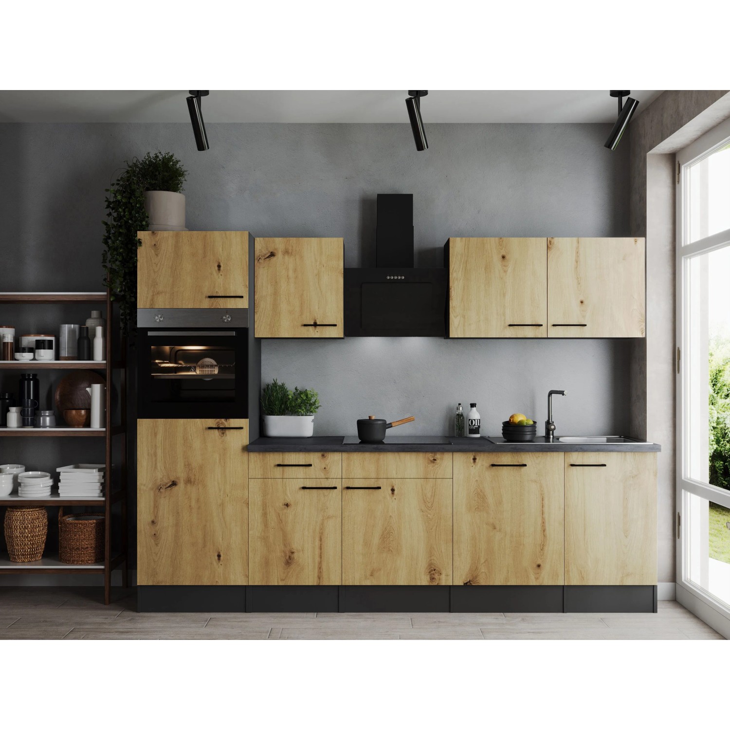 Respekta Kuchyně Oliver dub/žula 280 cm-trouba/skl.deska/dig./myčka/led.