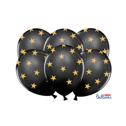 PartyDeco Balónky latexové černé STARS 30 cm, 6 ks