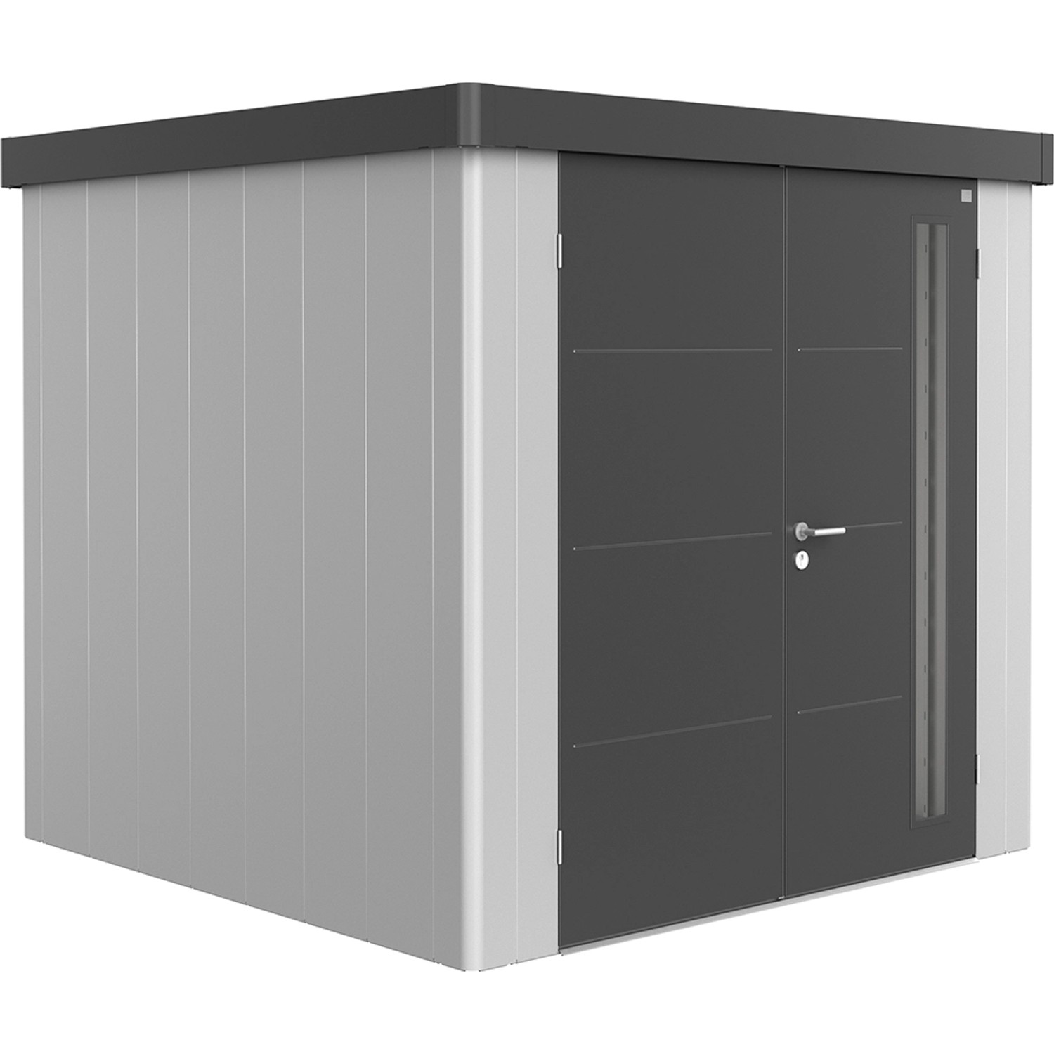 Biohort Plechový zahradní domek Neo2B 1.3 dvoukřídlé dveře stříbrná 236 x 236 cm