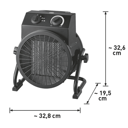 Černý keramický ohřívač a ventilátor 2v1 Lieksa, 5000W, s otočnými ovladači a rozměry na bílém pozadí.