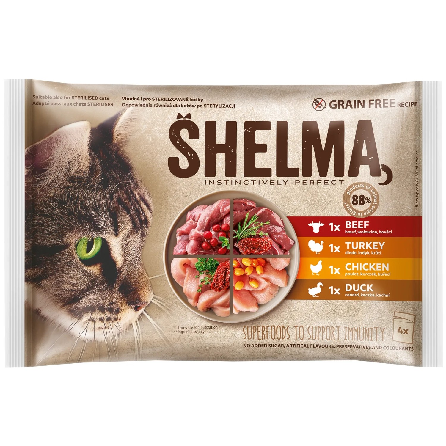 Shelma Kapsičky pro kočky v omáčce - kuřecí/hovězí/kachní/krůtí, 4x 85 g