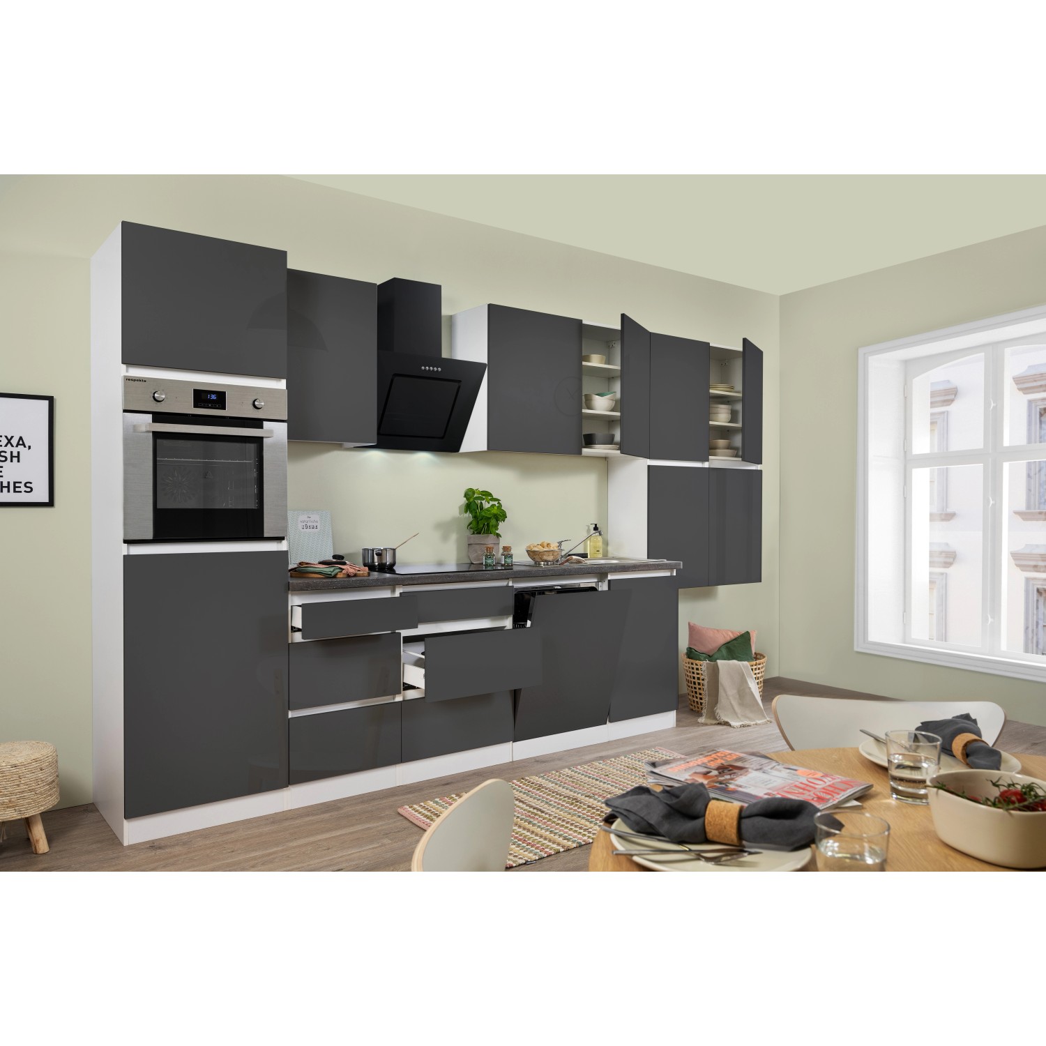 Respekta Kuchyně Lorena šedá/žula 380 cm-trouba/skl.d./digestoř/myčka/lednice