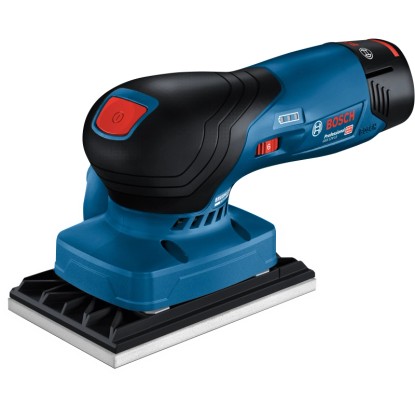 Akumulátorová vibrační bruska Bosch Professional GSS 12V-123, modro-černá, s brusnou deskou.