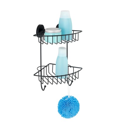 Wenko Rohová 2-patrová nástěnná police Vacuum-Loc Bari černá 22,5 x 29,5 x 16 cm