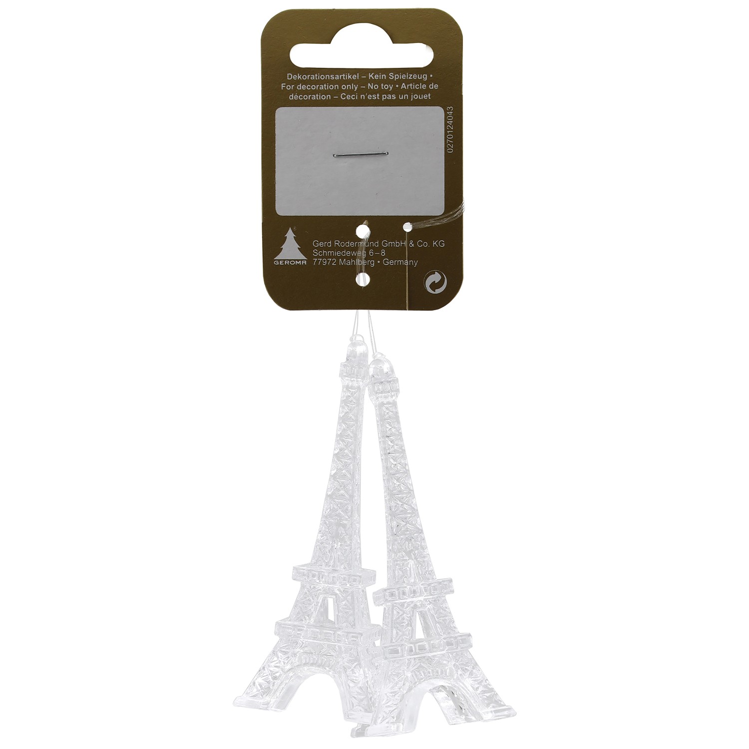 GEROMA Vánoční ozdoby Eiffelova věž čirá 3 x 8 cm, 2 ks