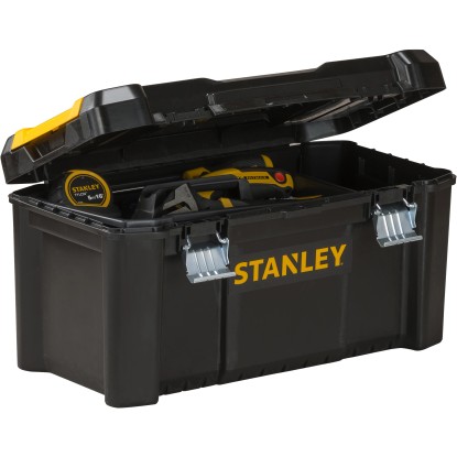 Otevřený černý plastový box na nářadí Stanley 19 palců se žlutými prvky a nářadím uvnitř.