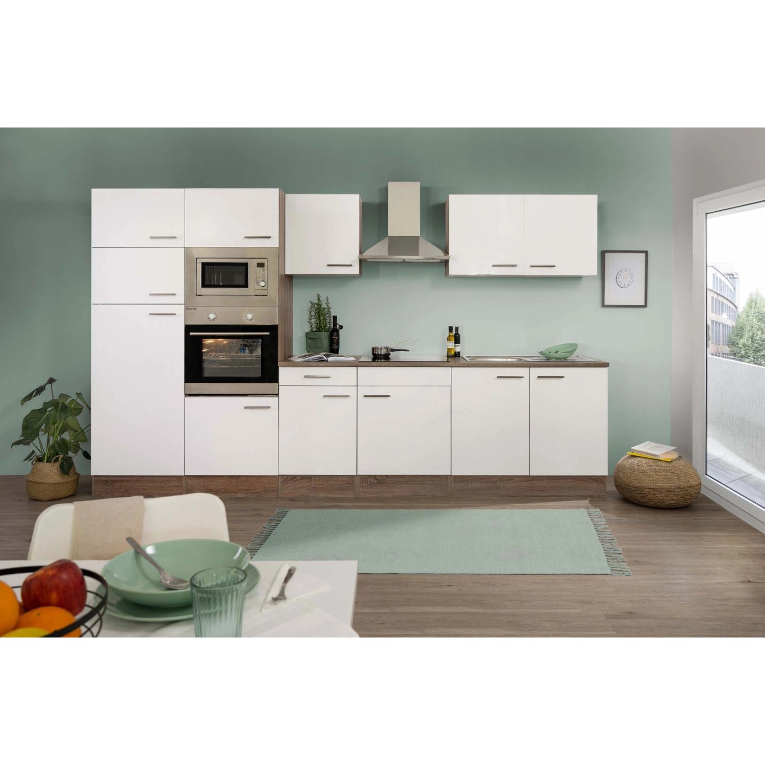 Respekta Kuchyně Oliver bílá - hedvábně lesklá/dub 330 cm - Bez el. přístrojů