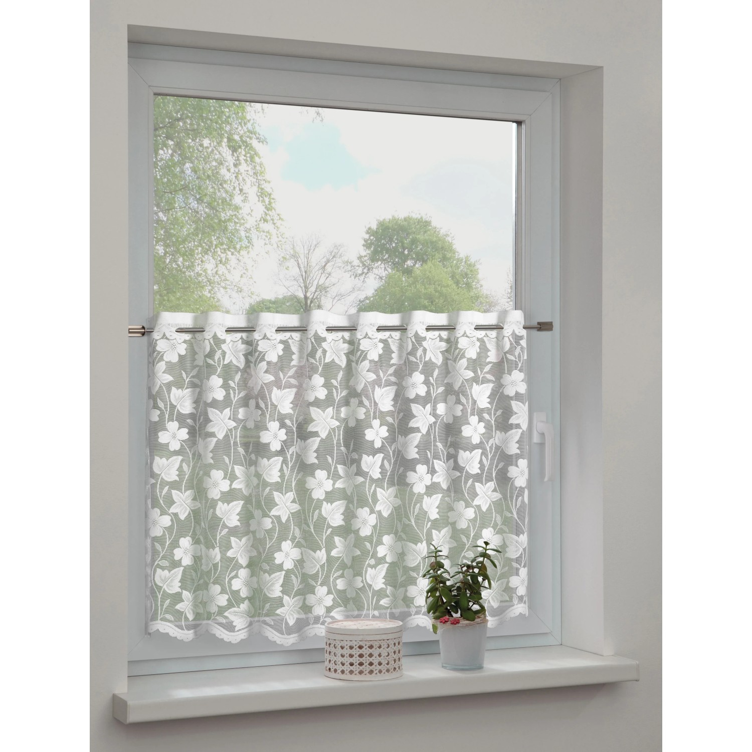 Sehlbach Vitrážová záclona se skrytými poutky, květiny, bílá, 140 x 80 cm