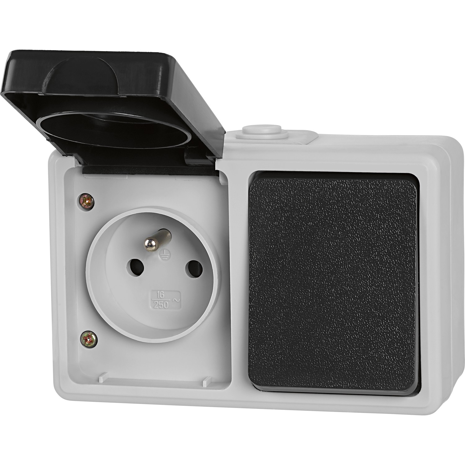 Zásuvka se středovým ochranným kontaktem + vypínač/přepínač IP54 šedá/černá