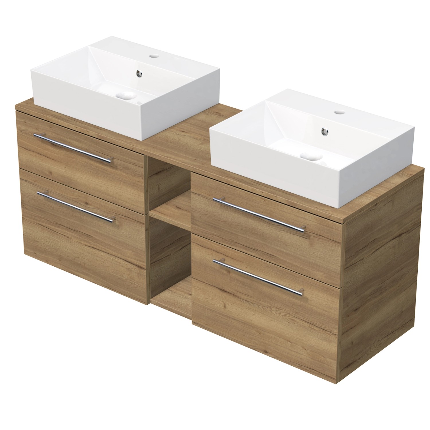 INTEDOOR Koupel.skříň+2umyvadl BEE, úchyt chrom, 140cm, regál střed, dub Halifax