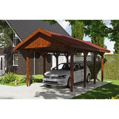 Skan Holz Přístřešek na auto Wallgau ořech, červené šindele, 380 x 600 cm