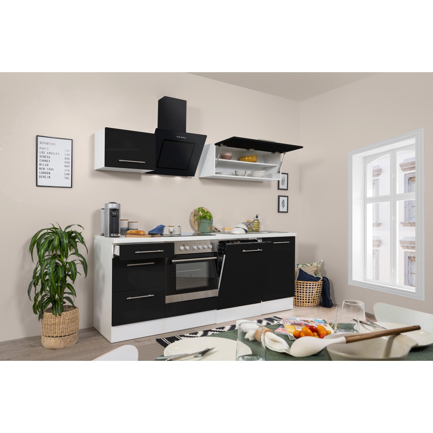 Respekta Kuchyně Amanda černá/bílá 220 cm - trouba+sklok.d./šikmá digestoř/myčka