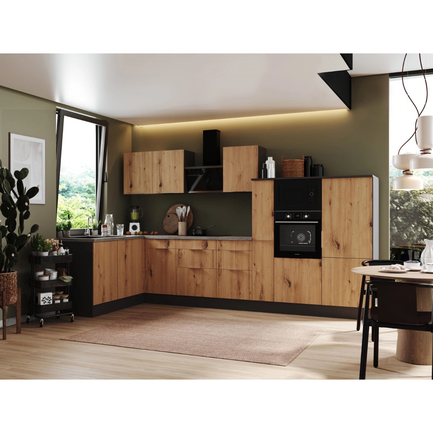 Respekta Kuchyně Elisabeth L dub/šedá 370 cm-trouba/skl.d./dig./led./myčka/mik.