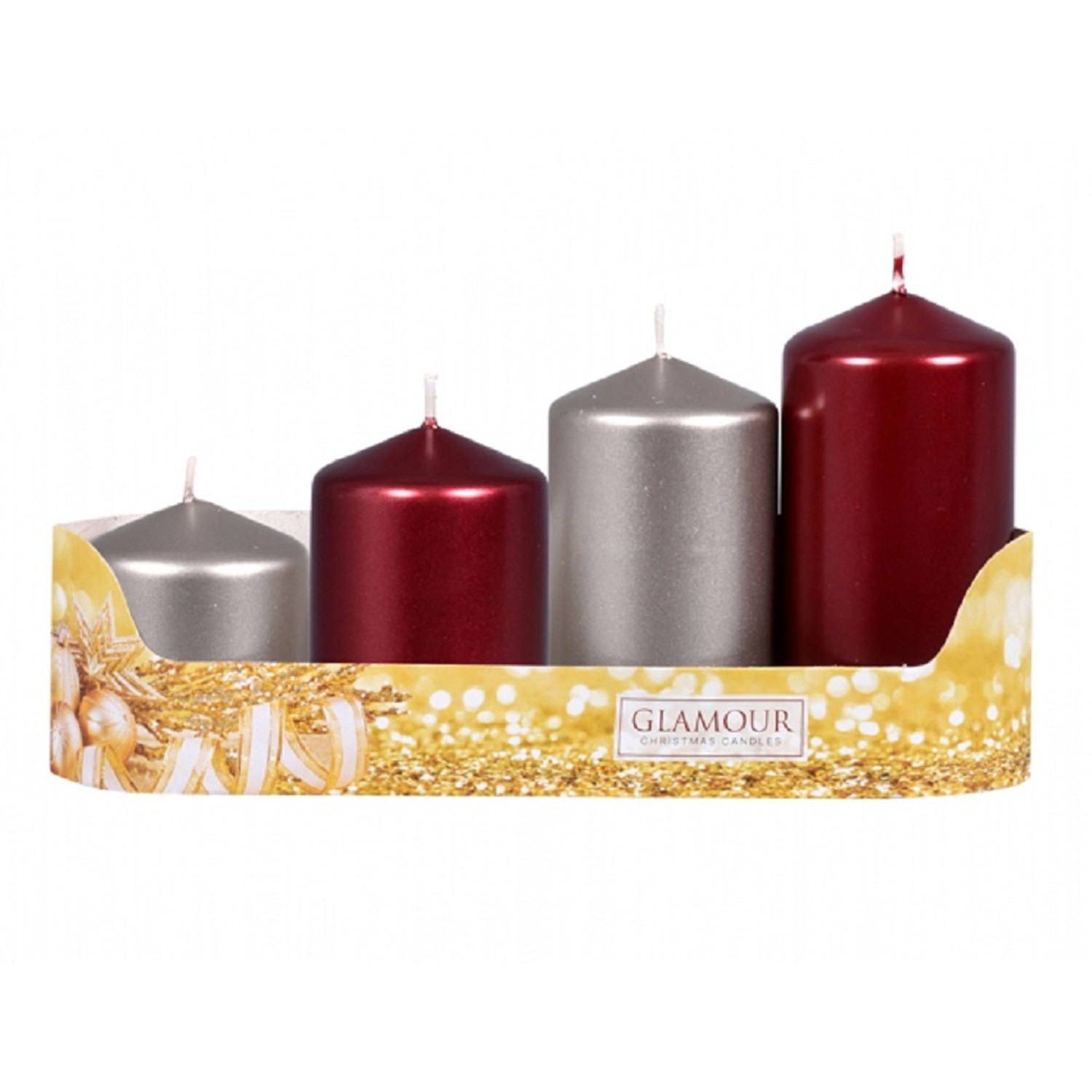 Svíčky adventní STUPŇOVITÝ MIX metal lesk bordó/šampaň, pr. 5 x 6/7,5/9/10,5 cm