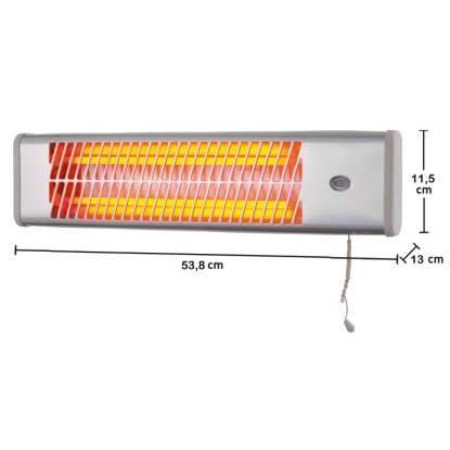 Křemenný nástěnný ohřívač 1200 W, stříbrný ohřívač s tahovým spínačem pro montáž na stěnu.