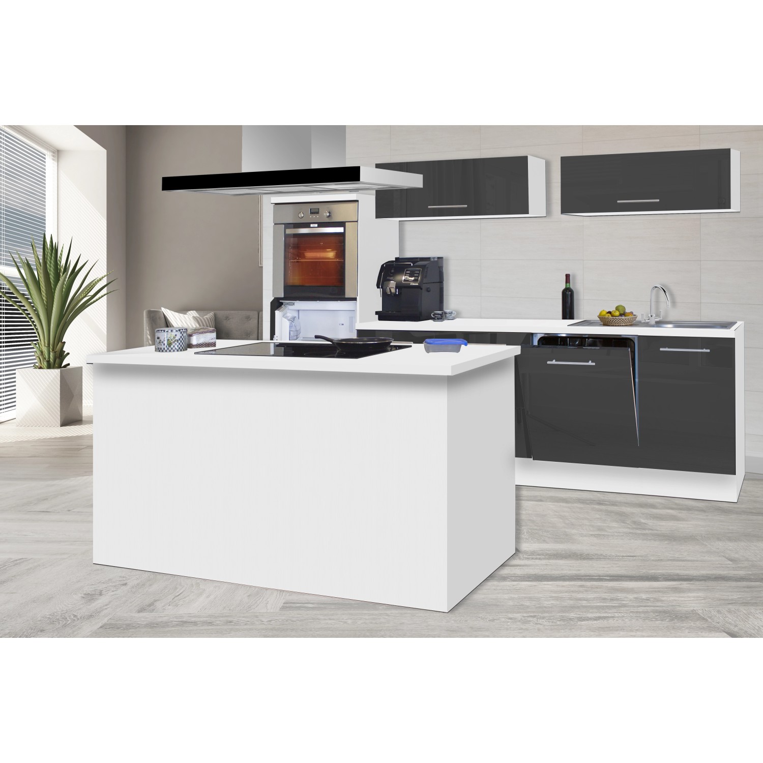 Respekta kuchyně s ostrůvkem Amanda šedá/bílá 280 cm-trouba/skl.d./dig./my./led.