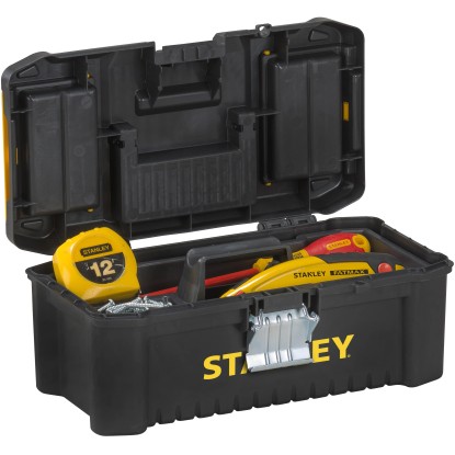 Otevřený box na nářadí Stanley Essential 12,5 palců s nářadím a organizérem ve víku.