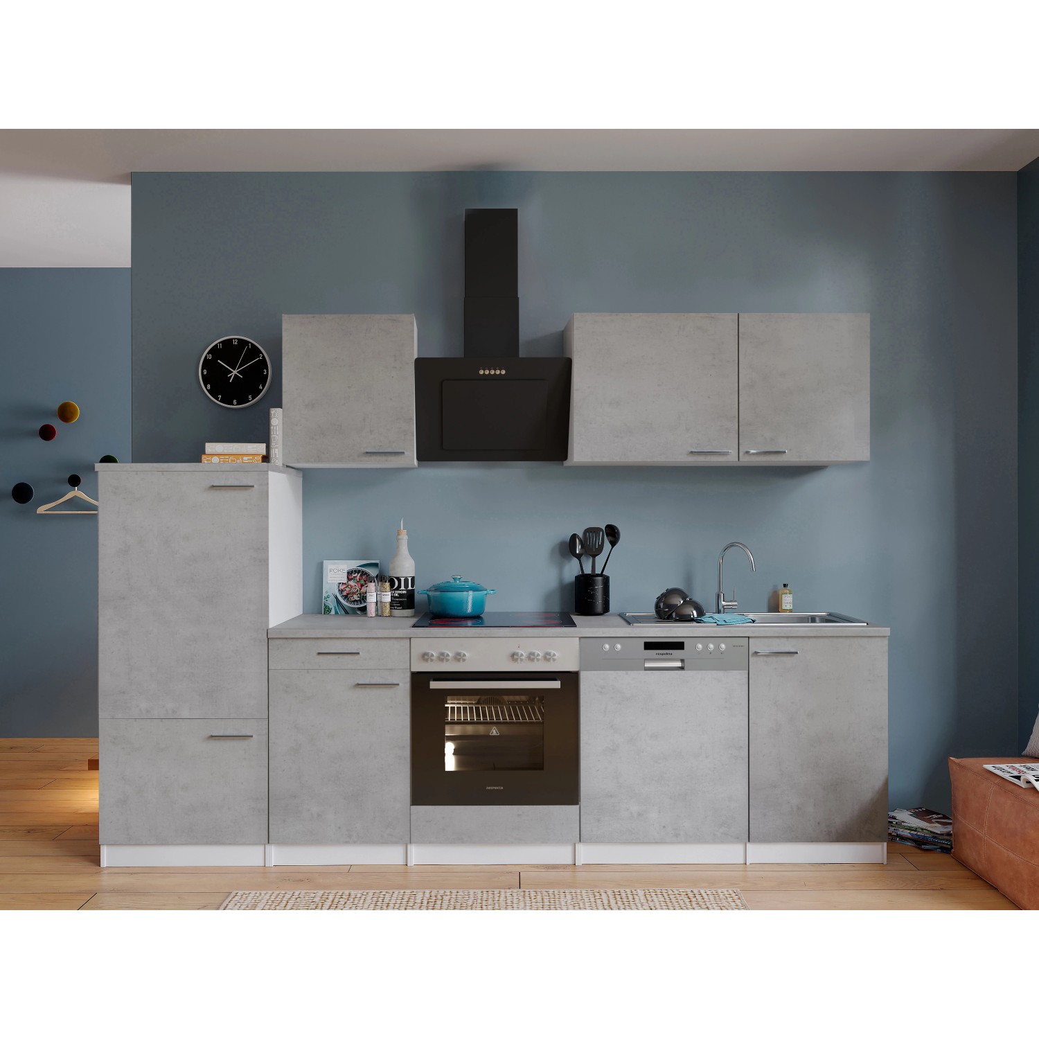 Respekta Kuchyně Malia beton/beton 280 cm - skl.deska/šik.digestoř/myčka/lednice