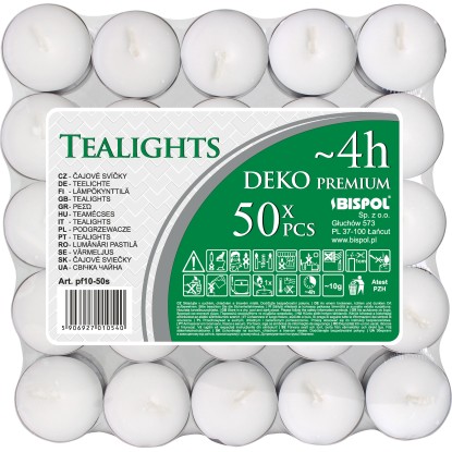 BISPOL Čajové svíčky DEKO PREMIUM bílé 10 g, 50 ks