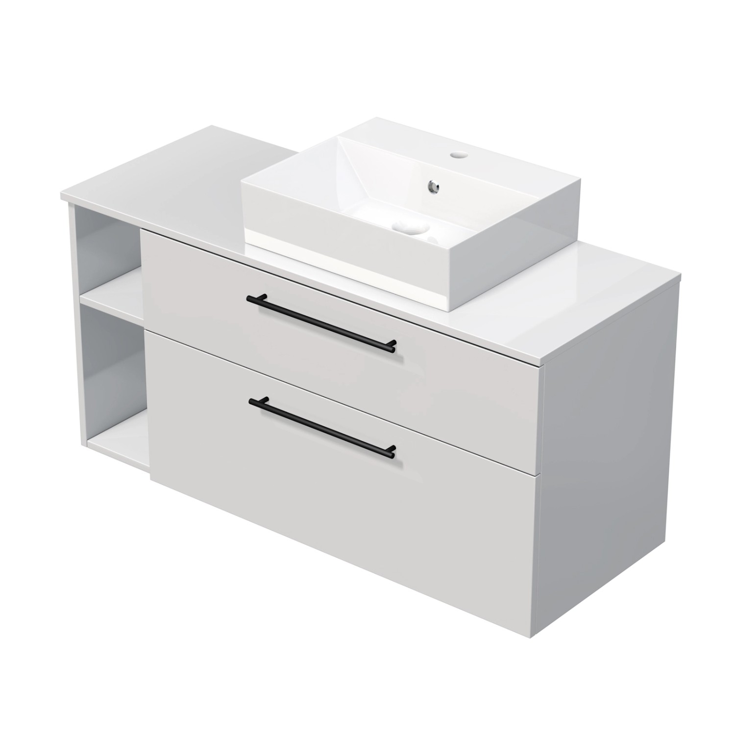 INTEDOOR Koupel.skříň+umyvadlo BEE, úchyt černý, 120cm, regál vlevo, bílá lesk