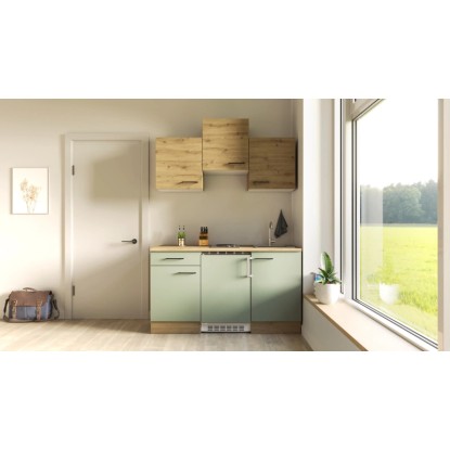 Flex-Well Cara 150 cm single kuchyň v barvě rákosově zelená/dub artisan s lednicí a varnou deskou.