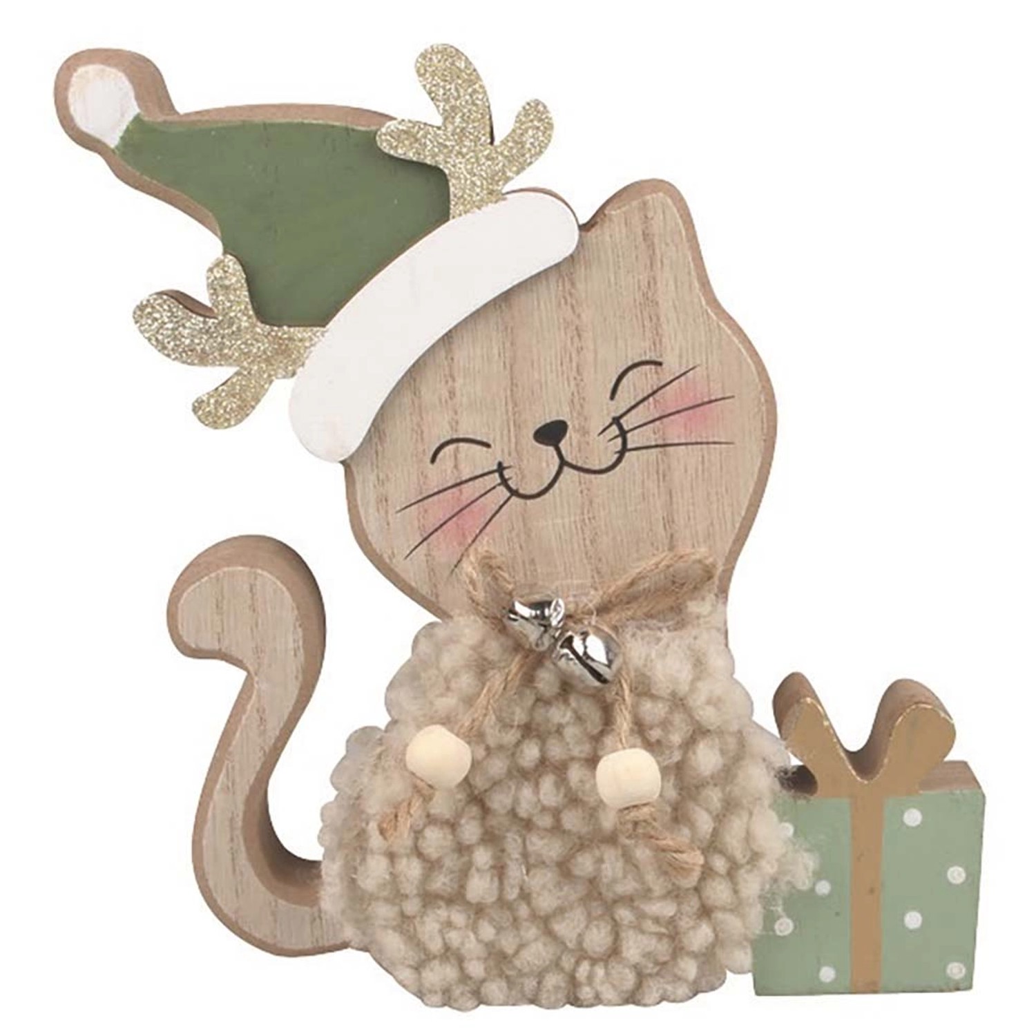 Kočka s dárkem dřevěná na postavení 13 x 17 x 2 cm Anděl Přerov s.r.o.