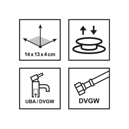 Piktogramy pro jednopákovou umyvadlovou baterii Carsoli: rozměry, odpadní armatura, certifikace UBA/DVGW, certifikace DVGW.