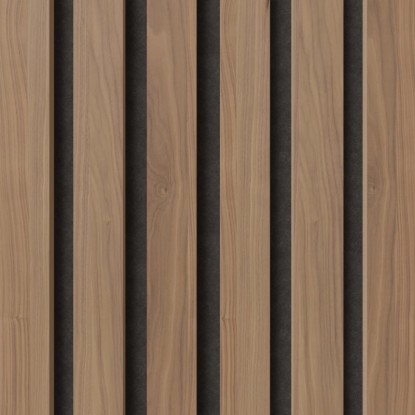 Akustický panel obklad stěn ořech přírodní na černé plsti, detailní pohled.