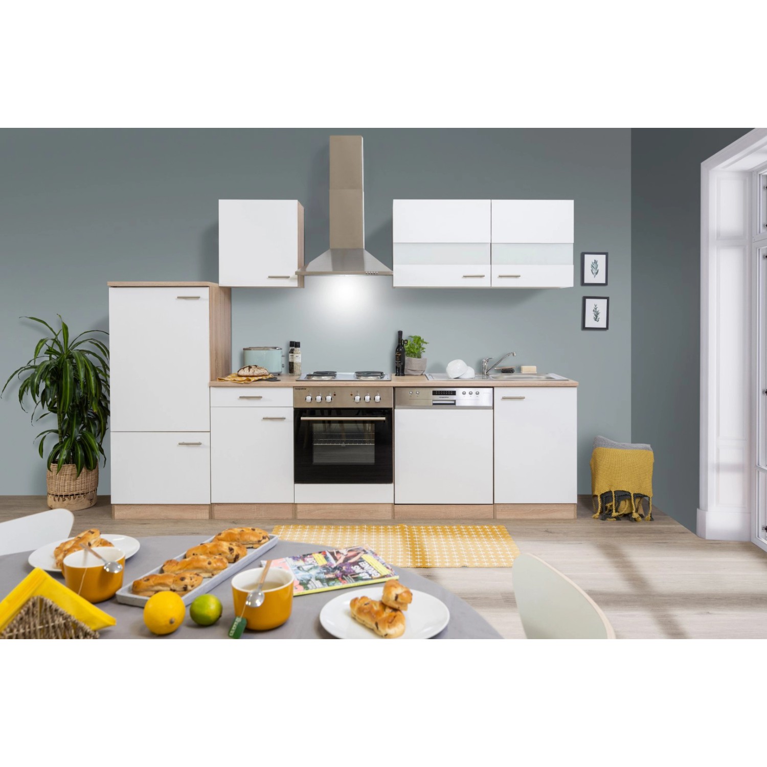 Respekta Kuchyně Merle bílá/dub 280 cm-nrz.deska/komín.digestoř/myčka/lednice