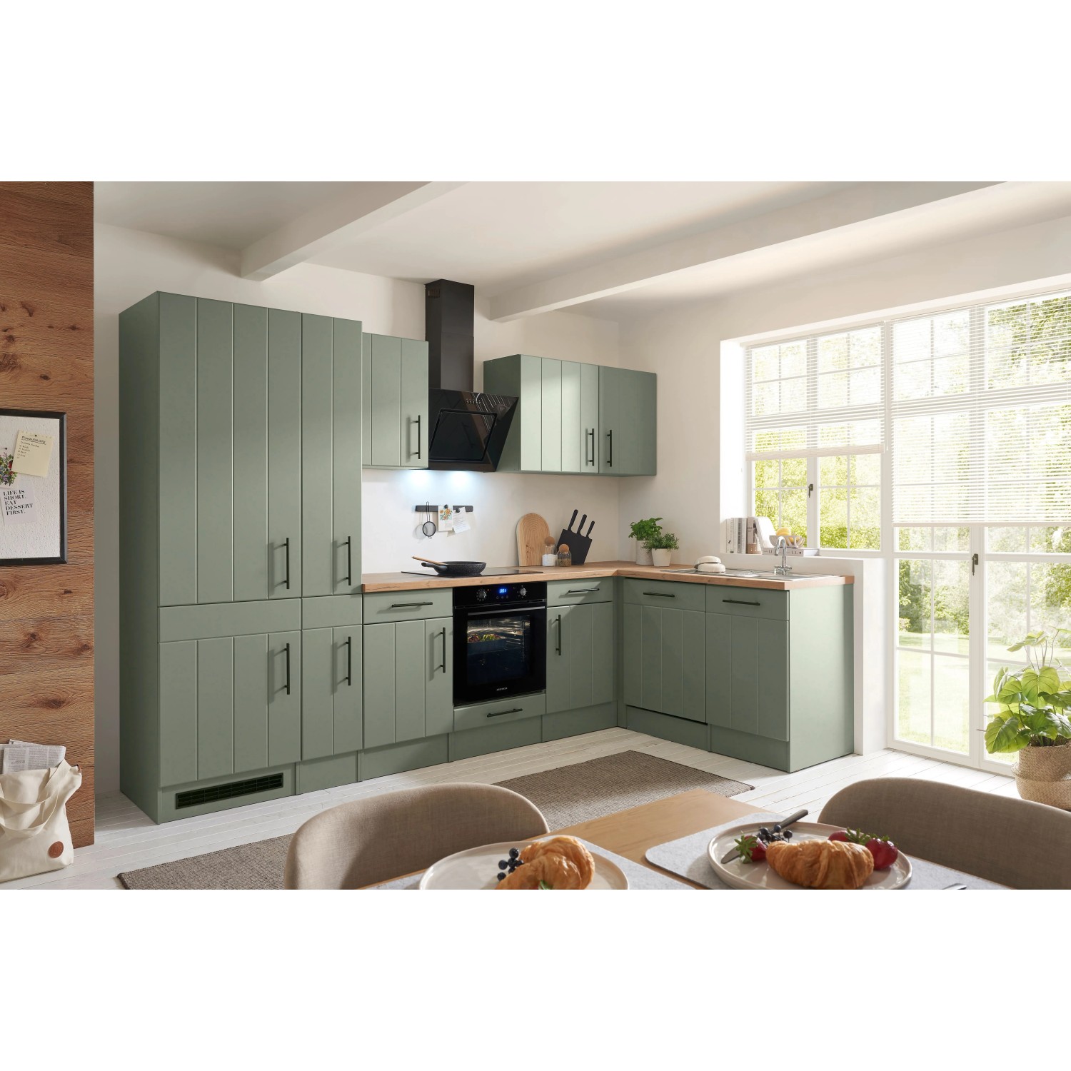 Respekta Kuchyně Anton L zelená/dub divoký 310 cm-trouba/ind.d./myčka/dig./led.