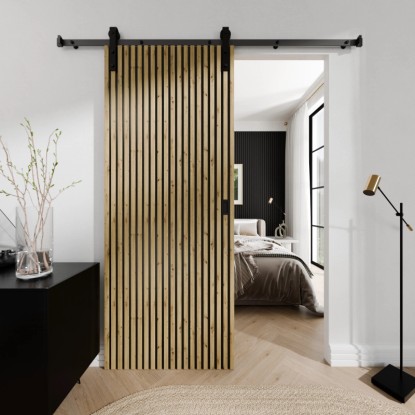 Kompletní sada posuvných dveří Radex akustický panel Lamette, dřevěné lamely před ložnicí