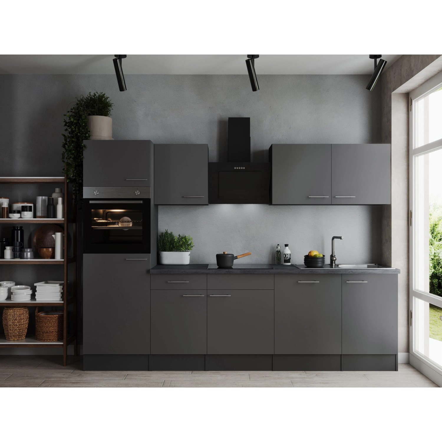 Respekta Kuchyně Oliver šedá/žula 280 cm-trouba/skl.deska/dig./myčka/led.