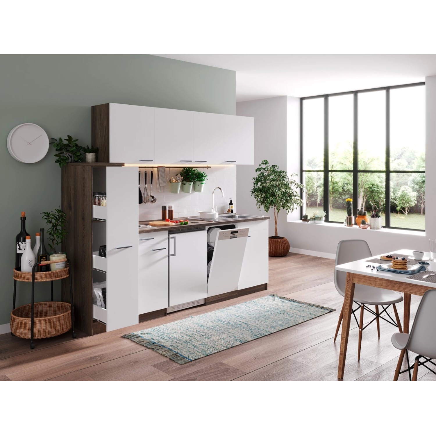 Respekta Kuchyně Oliver bílá/dub 225 cm-nrz.deska/lednice/myčka