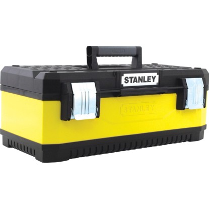 Žluto-černý box na nářadí Stanley 20 palců (508 mm) z kovovo-plastového kompozitu s rukojetí a kovovými západkami.