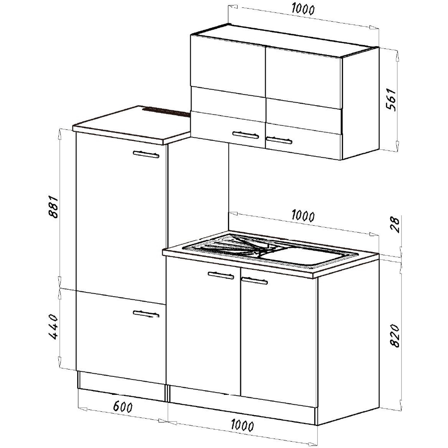 Respekta Kuchyně Luis bílá/dub 160 cm-dřez+varná deska, lednice