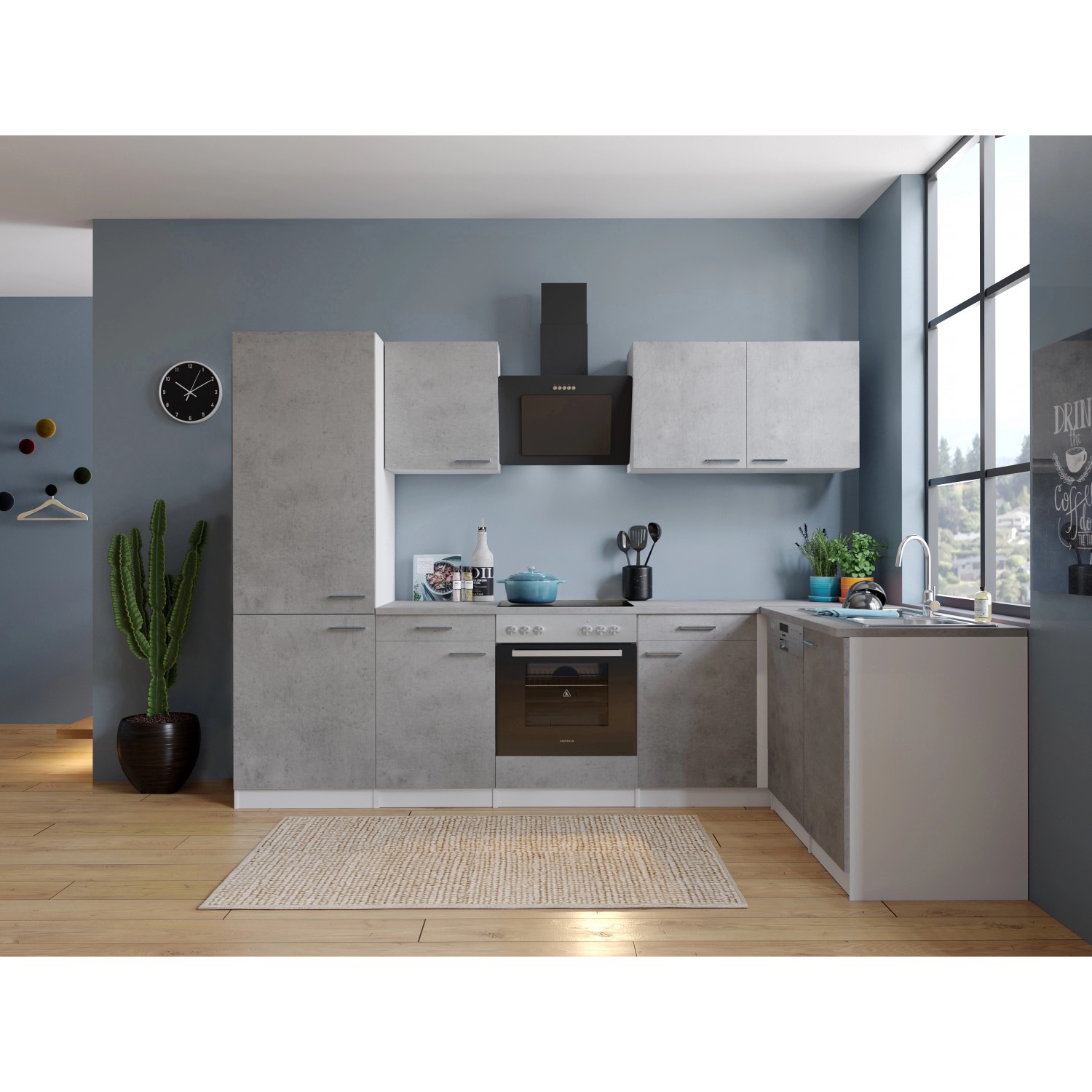 Respekta Kuchyně Malia L beton/beton 280 cm - skl.d./šik.d./myčka/kombi.lednice