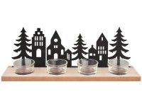 Anděl Přerov Dřevěný svícen s kovovými domky a stromy na 4 svíčky, 32 x 12 x 7cm