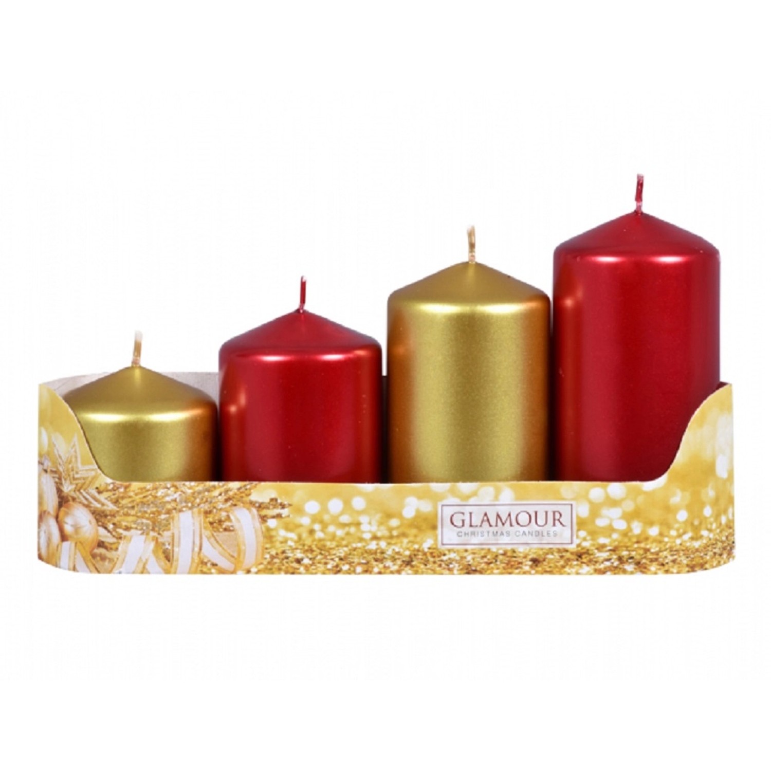 Svíčky adventní STUPŇOVITÝ MIX metal lesk zlatá/červená, pr. 5 x 6/7,5/9/10,5 cm