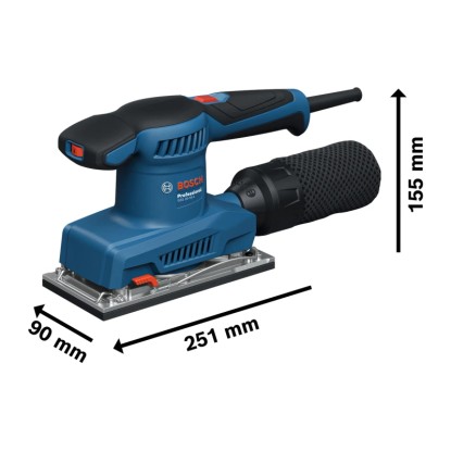 Excentrická bruska Bosch Professional GSS 20-18 A v modré barvě s prachovým sáčkem.