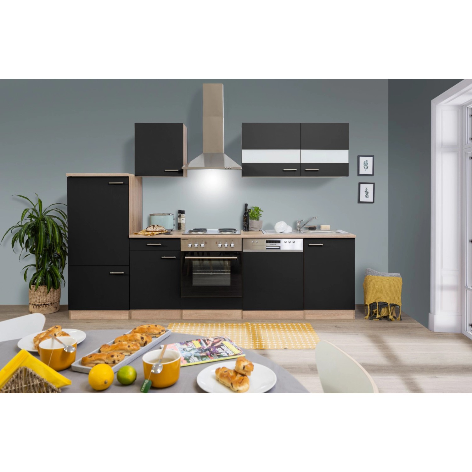 Respekta Kuchyně Merle černá/dub 280 cm-nrz.deska/komín.digestoř/myčka/lednice