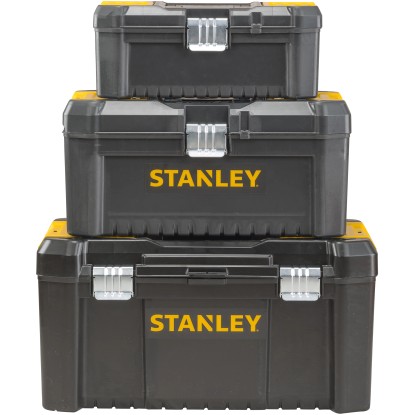 Stanley Essential box na nářadí, 12,5 palce, s kovovými sponami. Naskládané černé a žluté plastové boxy.