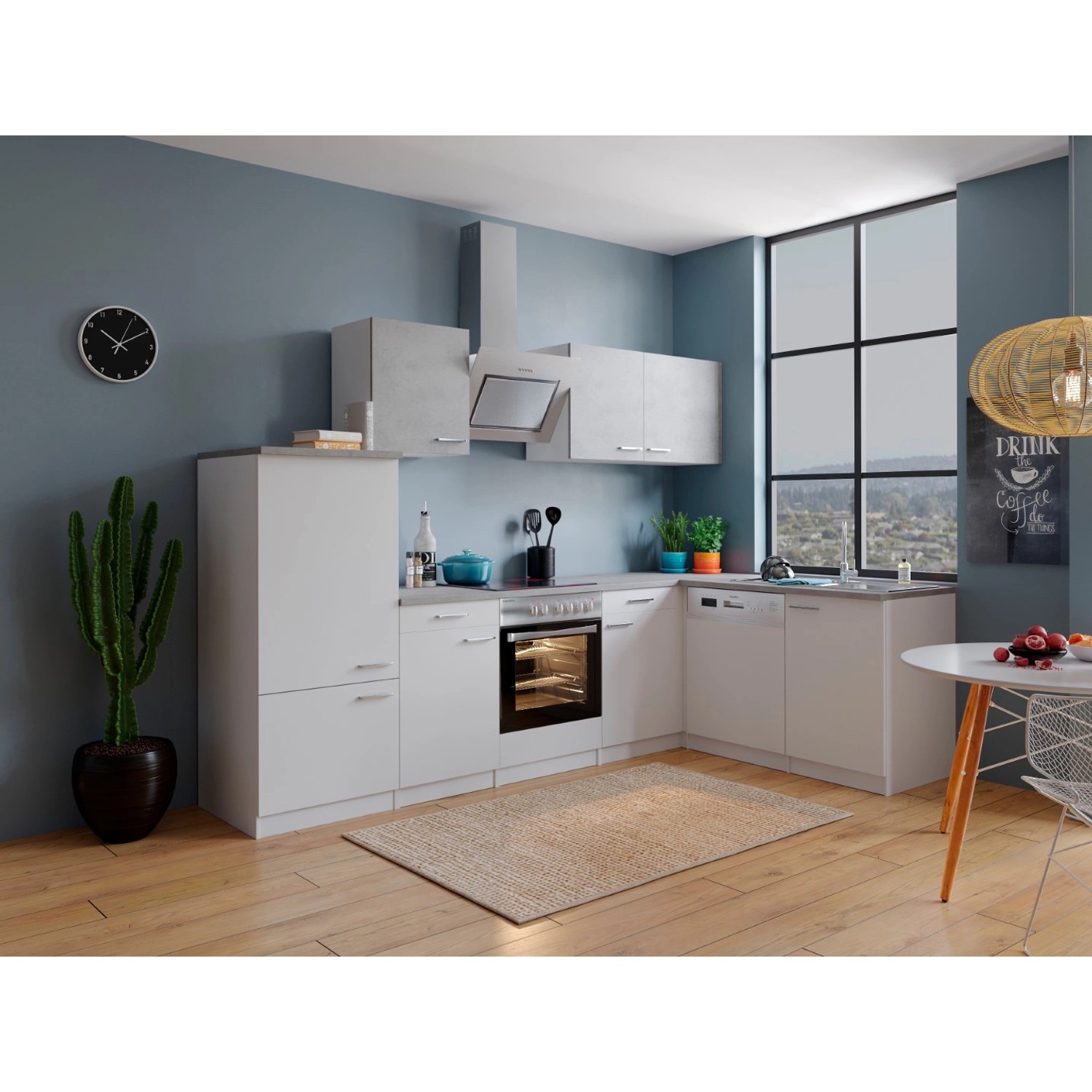 Respekta Kuchyně Malia L beton/bílá 280 cm-skloker.d./digestoř/myčka/lednice