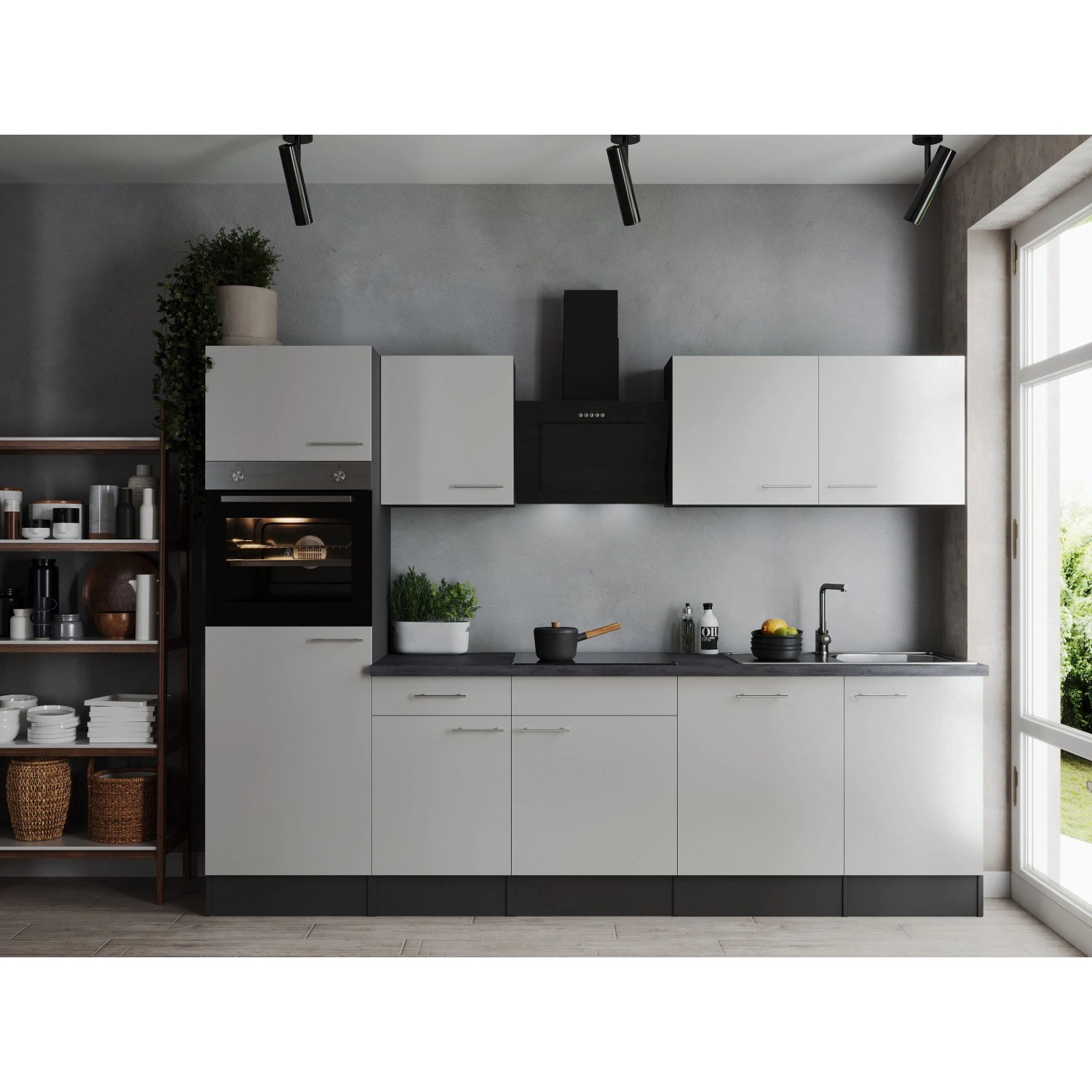 Respekta Kuchyně Oliver bílá/žula 280 cm-trouba/skl.deska/dig./myčka/led.