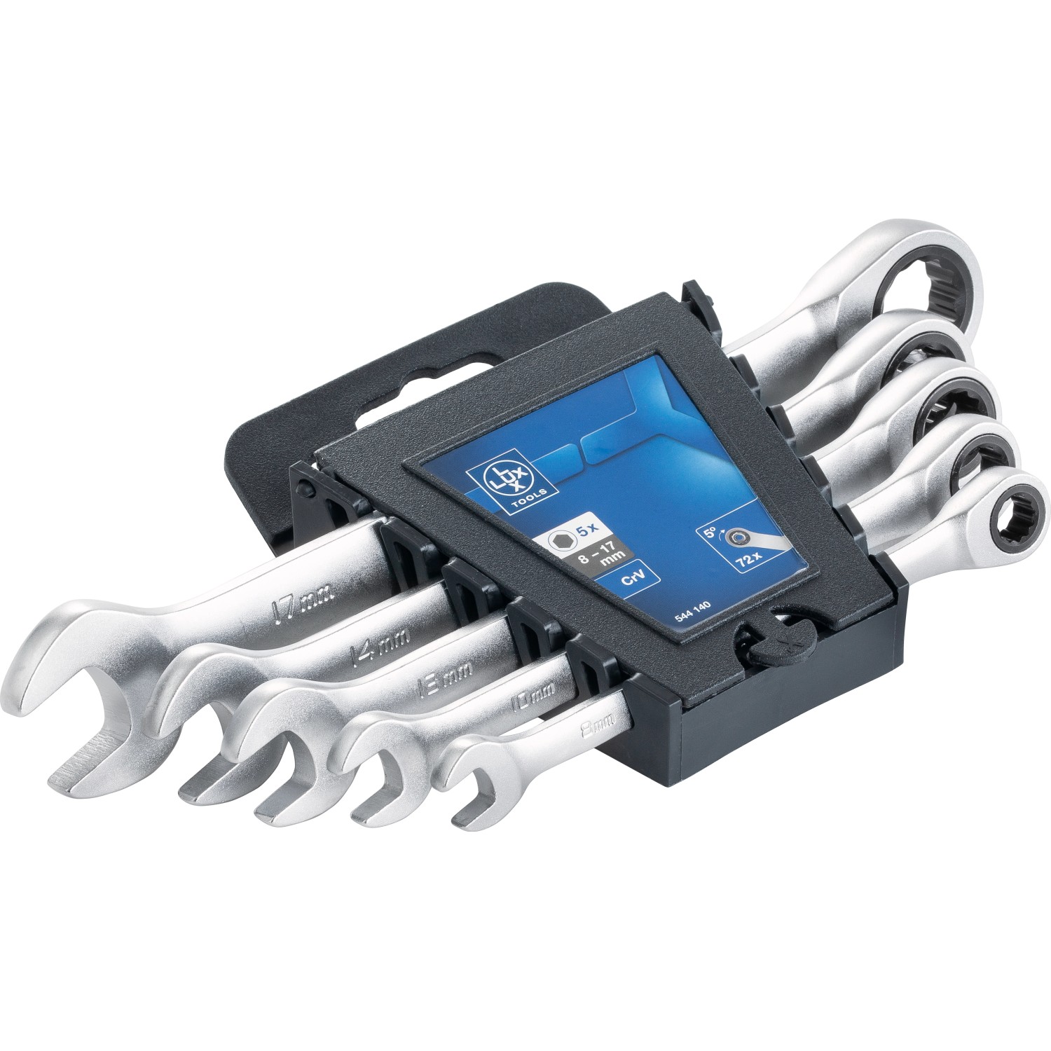 LUX-TOOLS Sada ráčnových kombinovaných klíčů, 5dílná (8/10/13/14/17 mm)