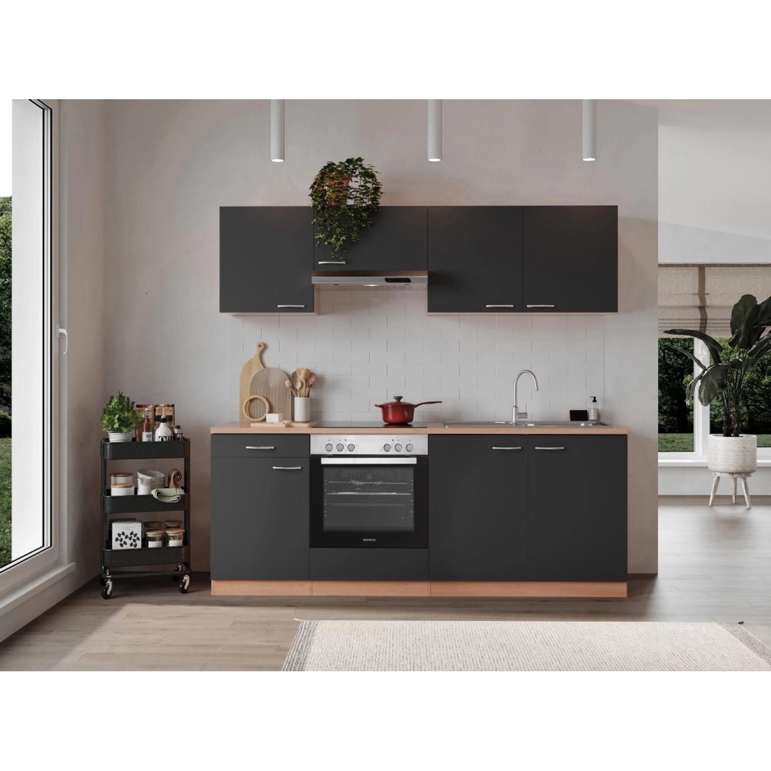 Respekta Kuchyně Gerda šedá/buk 210 cm- skloker. deska, trouba, digestoř