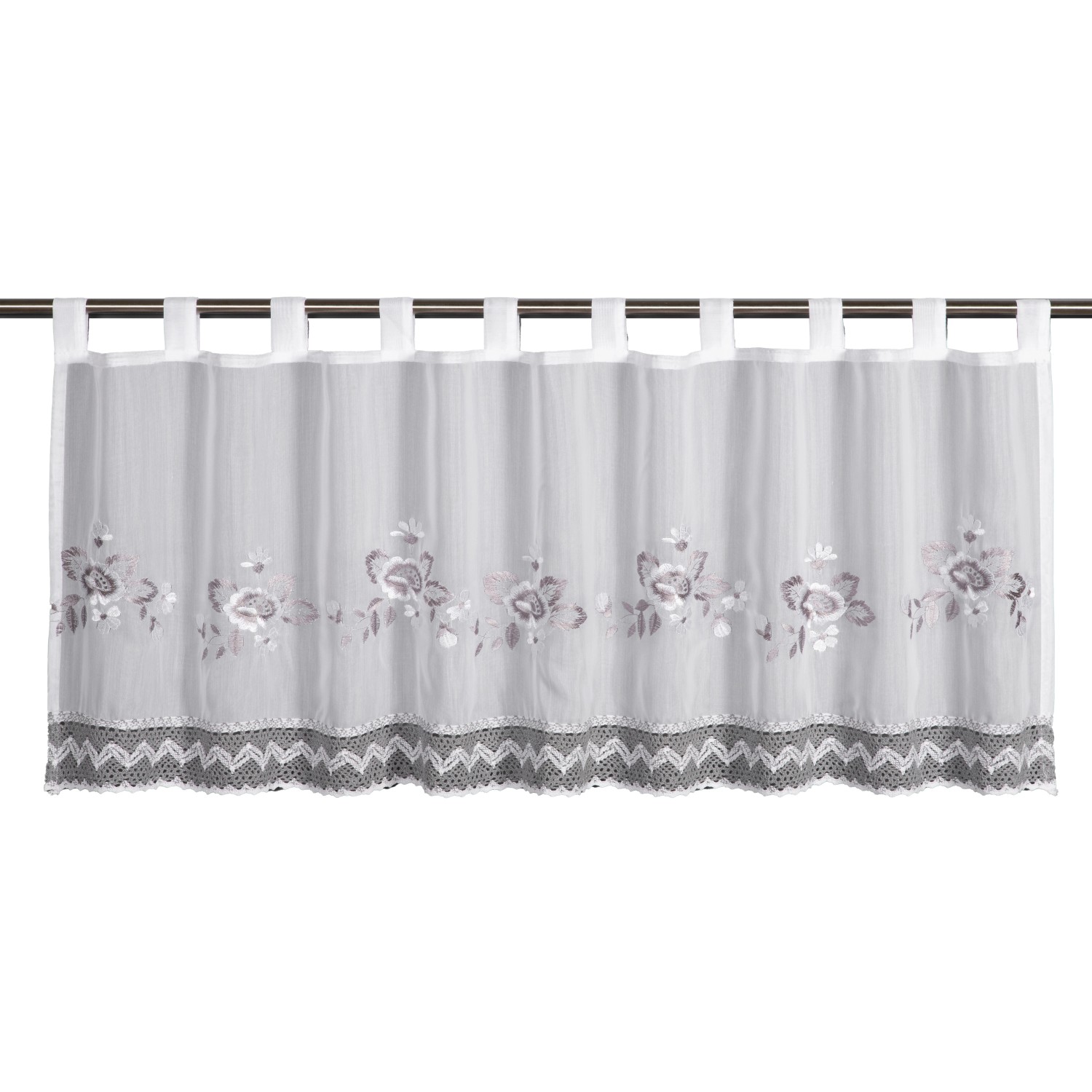 Sehlbach Vitrážová záclona s poutky, květiny, háčk. lem, stříbrná šedá 135x45 cm