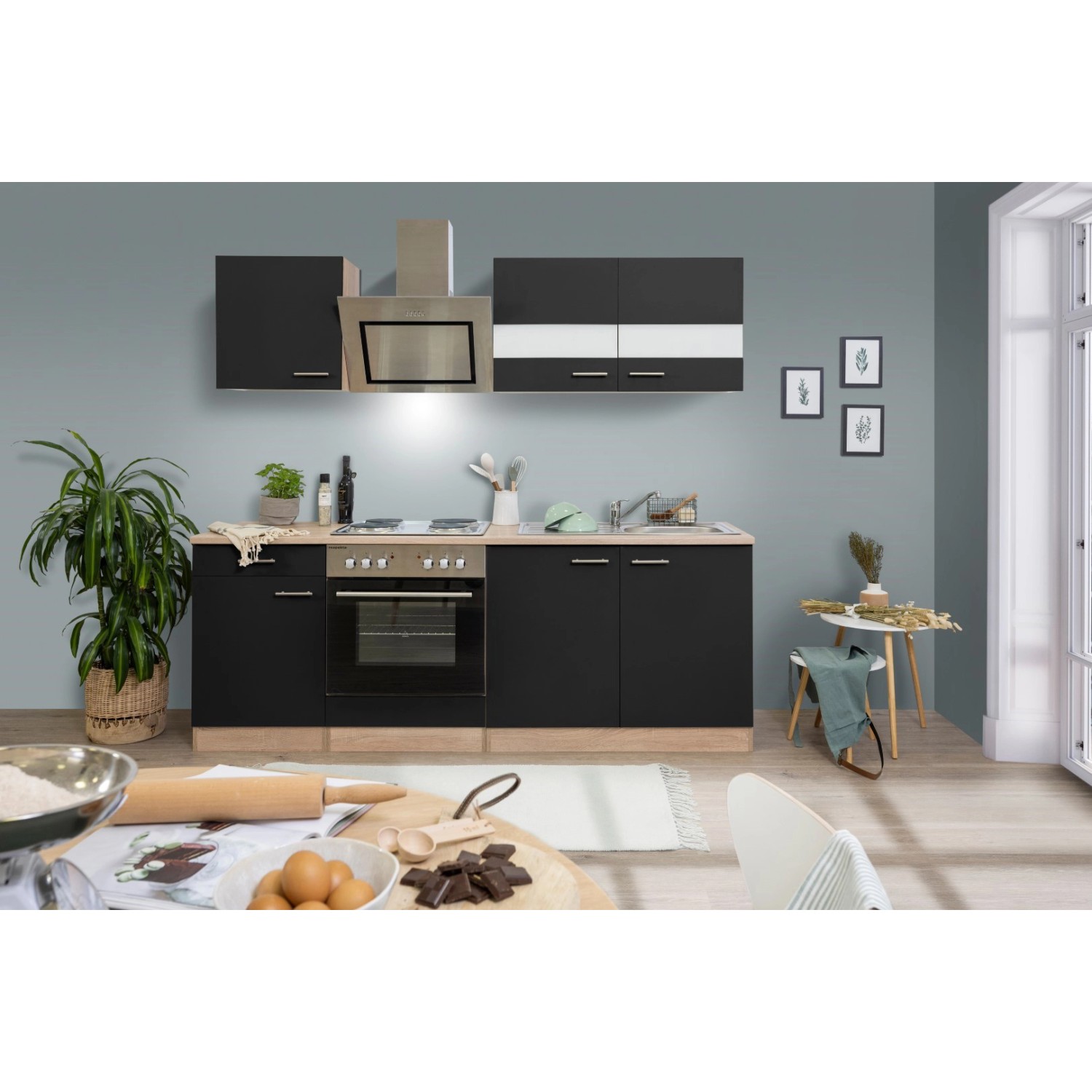 Respekta Kuchyně Merle černá/dub 210 cm-nrz.deska/šikmá digestoř/myčka